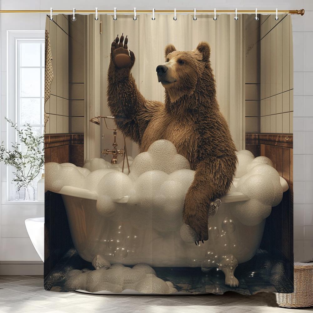 Cute Brown Bear in Bath Shower Curtain, Bathroom Decorative Shower Curtain, Waterproof Shower Curtain with Hooks