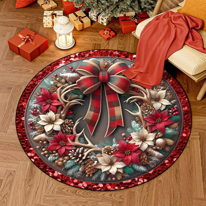 Christmas Nursery Rug Pink Snowman Playmat for Kids Room Santa Claus Toddler Round Carpet Gingerbread Man Non Slip Circle Rug