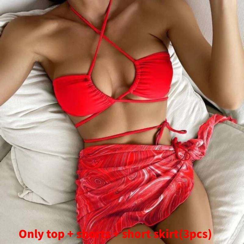 Swimwear Bikini Set For Women With Drawstring Short Skirt And Mesh Threepiece Suit For Water Sports