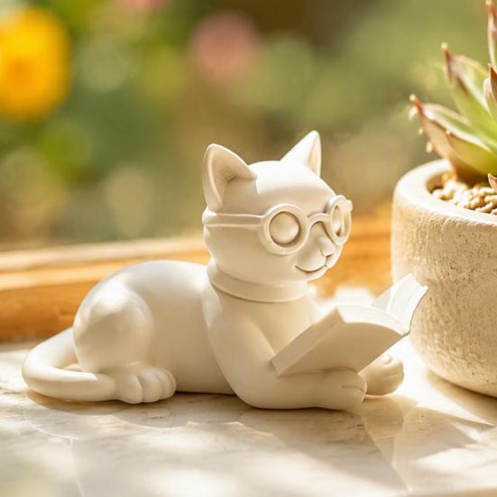 Bookshelf Decorative Accents 3D Printed Reading Cat Figurine, Statue with Eyeglasses, Creative Birthday Gifts Animal Desktop Ornament for Home Office
