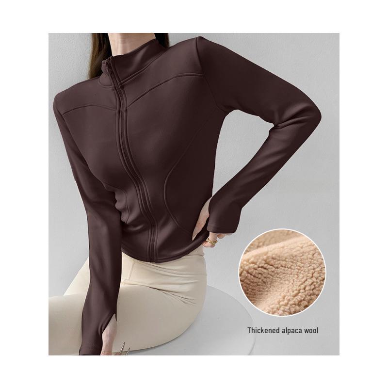 Women's Velvet Plus Long Sleeve Fitness Jacket - Slimming Stand Collar Yoga Top