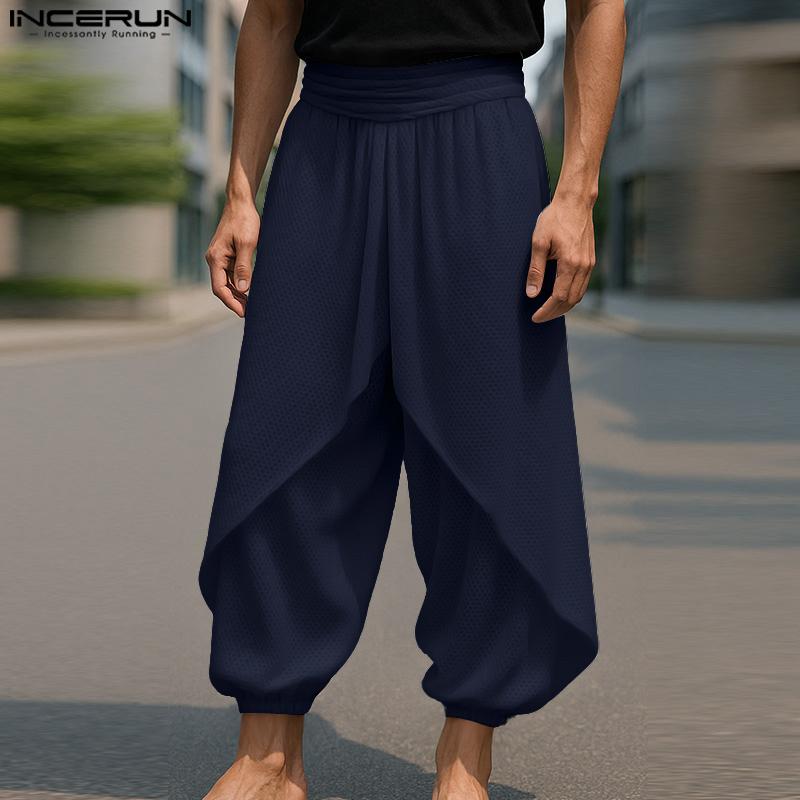INCERUN Men Elastic Waist Irregular Layers Texture Casual Long Harem Pants Trousers