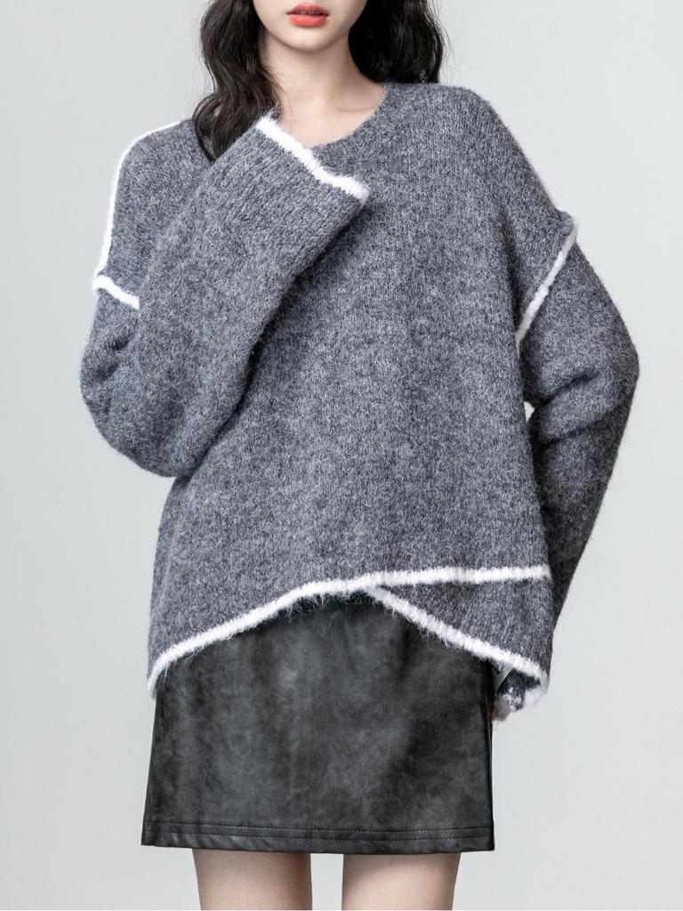 Women's Gray Crew Neck Sweater: 2025 Autumn/Winter New Design, Lazy Style, Loose Knit Pullover Top