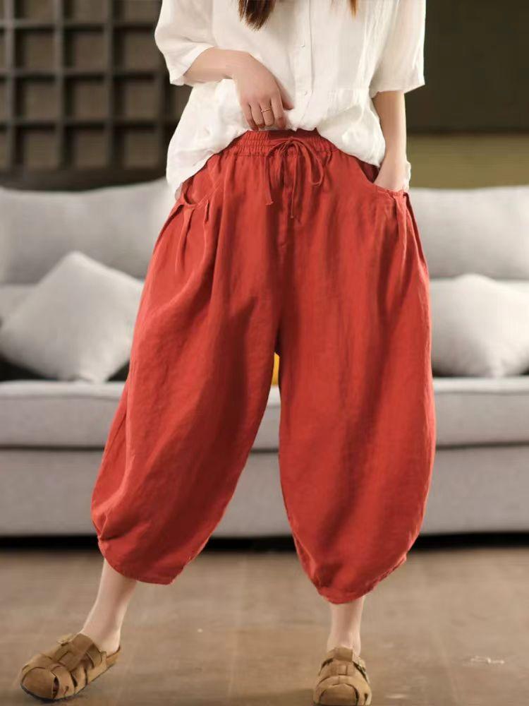 Johnature Women Harem Pants Elastic Waist Pockets Belt Trousers Summer Solid Color Loose Female Calf Length Pants