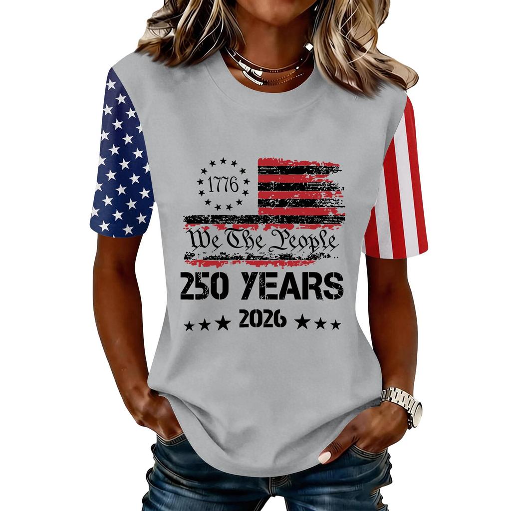 Blusa Feminina da Moda Casual de Manga Curta com Estampa e Gola Redonda