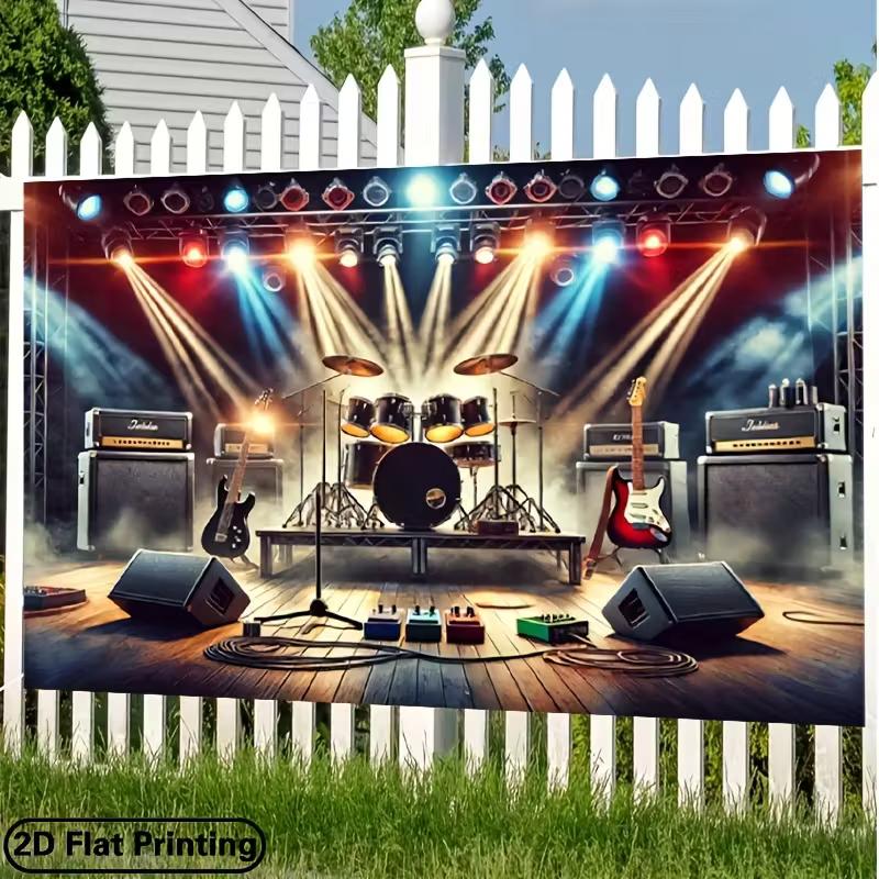 2D Flat Music Stage Banner, Live Rock Band Setup with Lights and Speakers for Themed Party 47.2x31.5inch/120*80cm