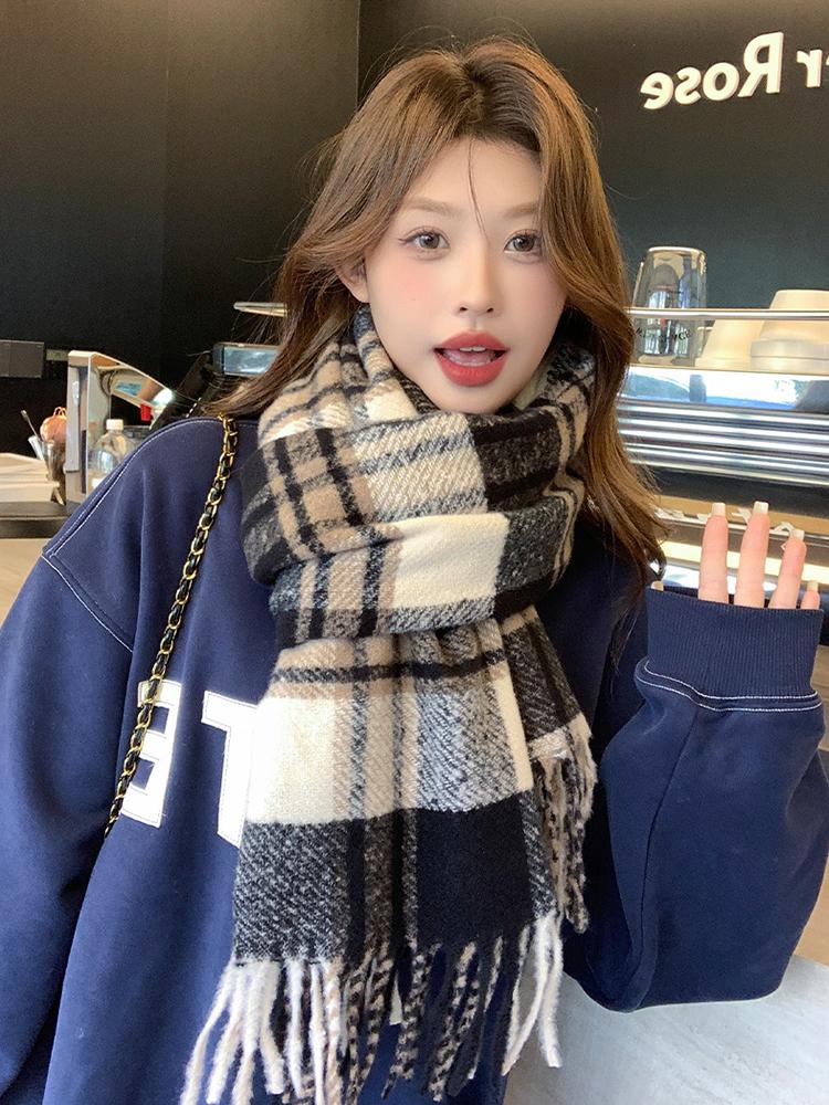 Women Winter Vintage Knitted Scarf Headscarf Ladies Men Casual Preppy Plaid Tassel Warm Scarve Mujer Male Foulard Wrap Shawl New