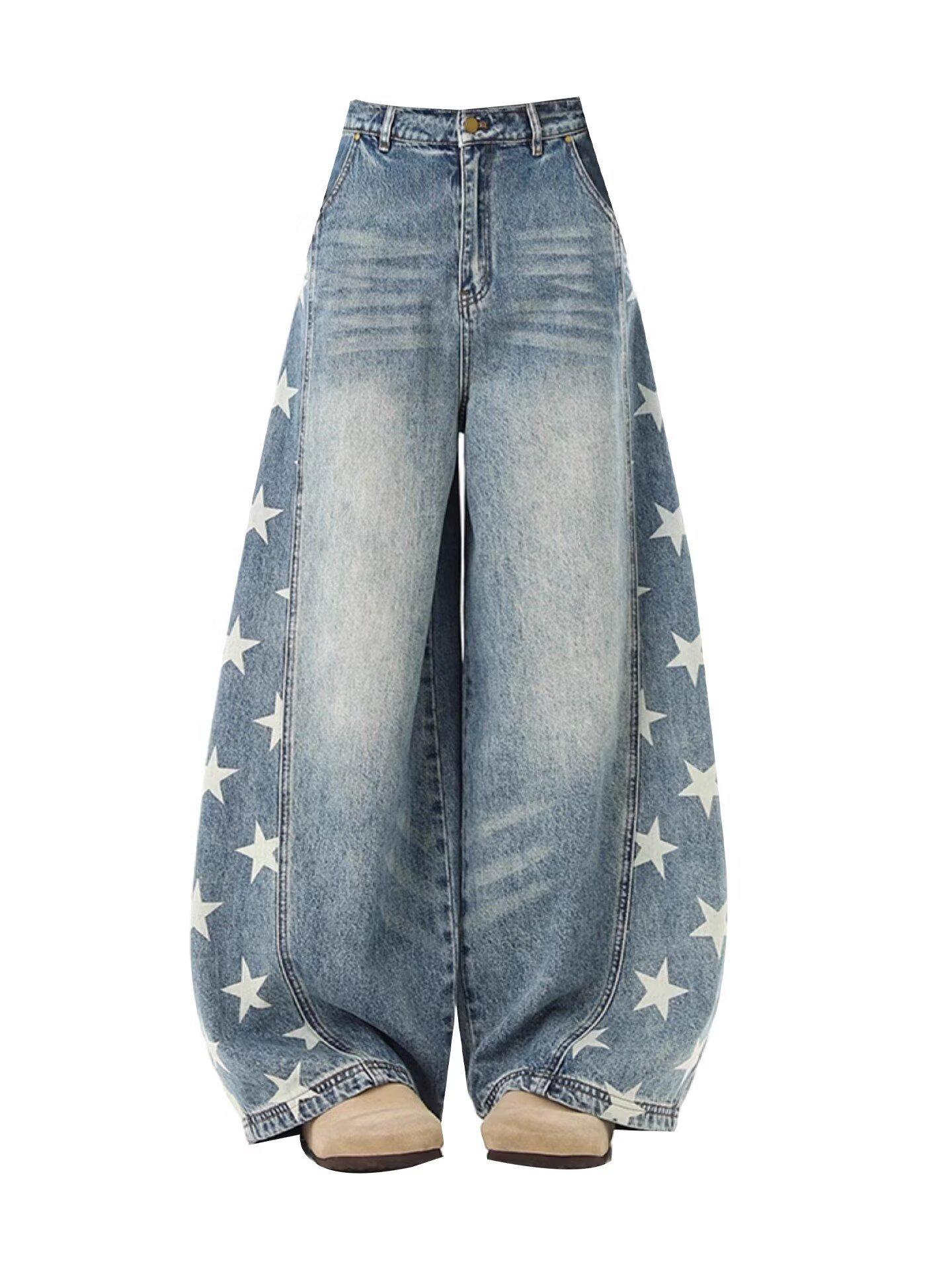 

Women’s Trendy Star Side-Cut Wide-Leg Jeans - Design-Forward, Versatile, Loose Fit, High Street Hip-Hop Style, Curved Leg. Large светло-синий