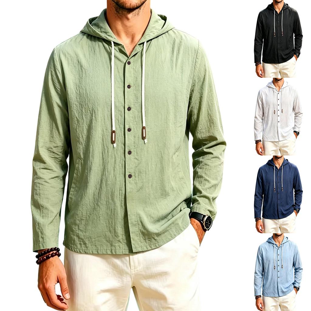 Men's Color Hooded Long Sleeve Casual Loose Fit Shirt