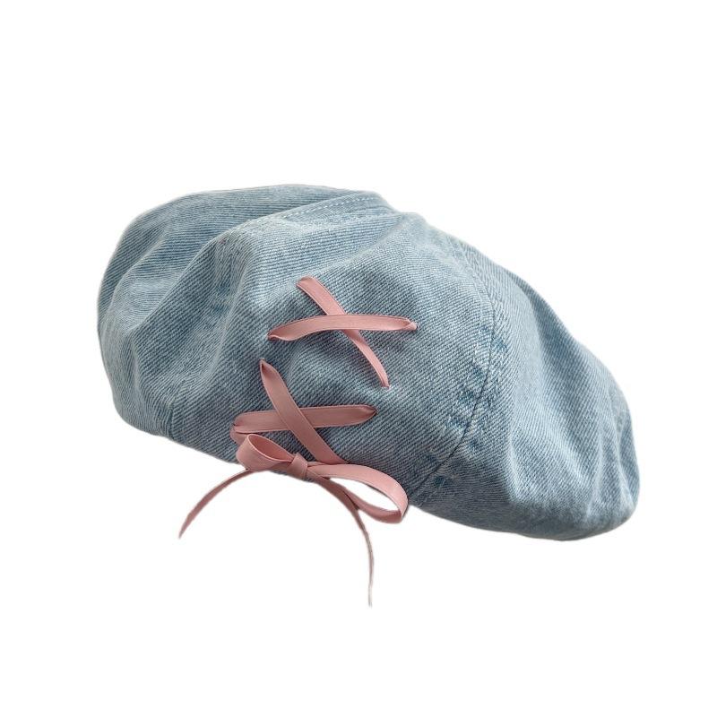 Sweet And Rich~ Denim Bow Beret Women'S Spring And Summer Thin Breathable Retro Versatile Octagonal Hat Tide
