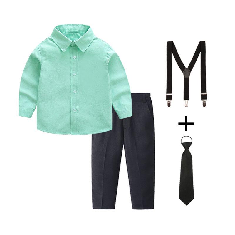 Boys' White and Blue Long-Sleeved Shirt & Black Long Pants Set Performance Costume