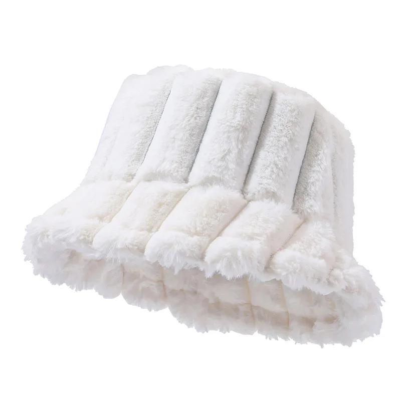 New Autumn Winter Faux Fur Bucket Hat Outdoor Fashion Solid Color Stripes Thick Warm Fisherman Hats Wide Brim Ski Panama Cap