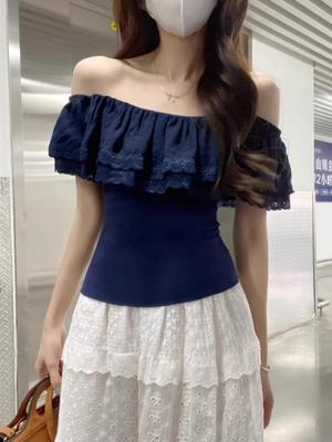 2025 New Style One-shoulder Lace Panel Short Sleeve T-shirt Women Summer Fit Design Off Shoulder Elegant Clothing