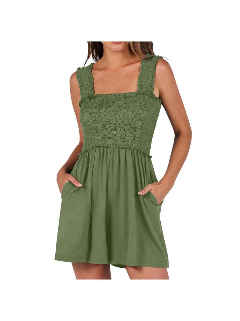 2026 New Lightweight European & American Sleeveless Square Neck Smocked Jumpsuit with Wide-Leg Shorts