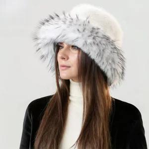 Ins Fluffy Plush Big Brim Bucket Hats For Women'S  Winter Faux Fur Thickened Warm Sun Hat Lady  New Fashion Luxury Furry Panama
