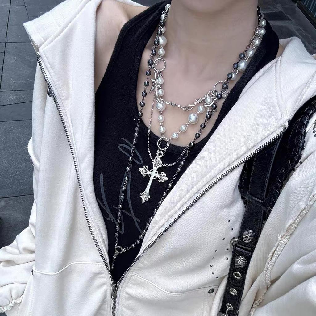 Retro Gotický Náhrdelník Kříž Punkový Styl Vrstvený Svetrový Řetízek Halloweenské Doplňky Náhrdelník z Imitace Perel Sváteční Dárek