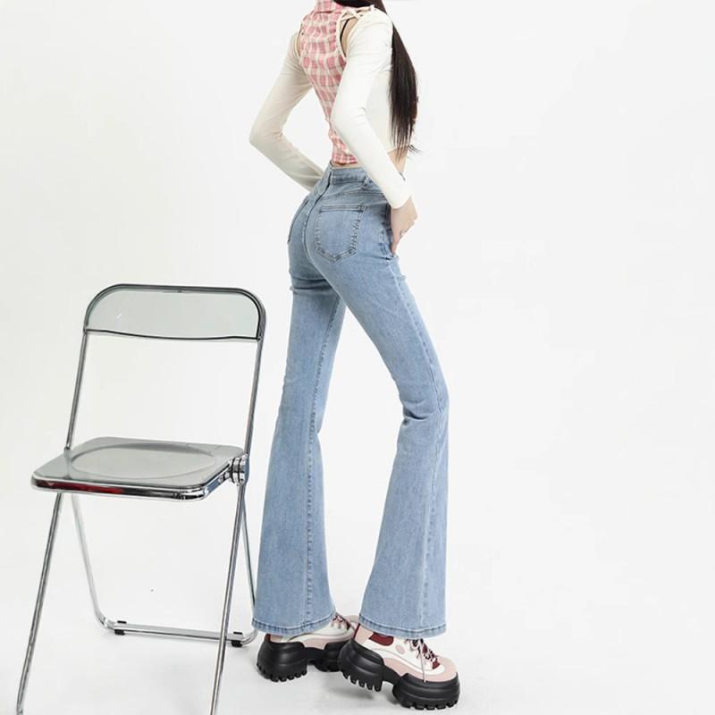 High-Waisted Stretch Denim Flare Jeans Women Streetwear Slim Fit Blue Long Pants