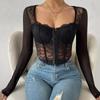 Square Neck Lace See Through Short Shirt Sexy Mesh Fishbone Bra Lace Blouse Women V-neck Spicy Girl Tops For Woman 30375