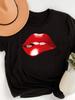 2026 Red Lip Print Black Sleeve Casual Round Neck with Lipstick Design Opaque Top for Attire Layering Season Versatile Blouse