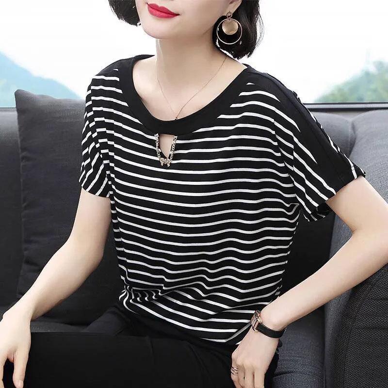 T-shirt for Women Summer Large Size Cotton T-shirt Soft Loose Striped Casual Comfortable Pullover T-shirt Top