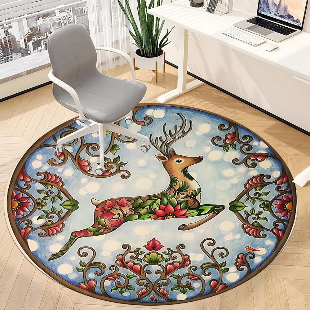 1pc Winter Deer Office Round Area Rug, Under Office Chairs Bedroom Living Room Home Decor, Room Deco