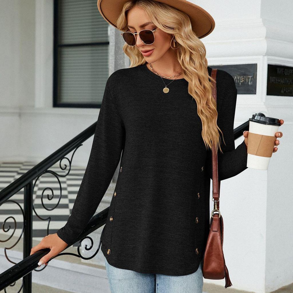 Dámské podzimní jednobarevné tričko s kulatým výstřihem a dlouhým rukávem s volným knoflíkem
