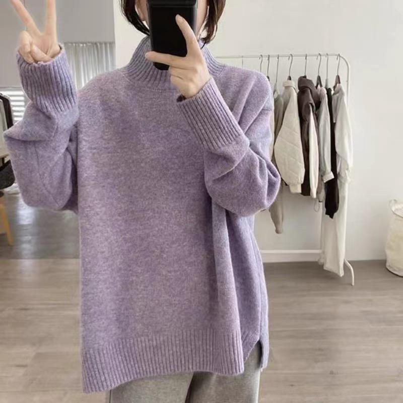 Høst og vinter ny løs og tynn avslappet myk voksaktig strikket genser topp ensfarget høyhalset genser damekåpe