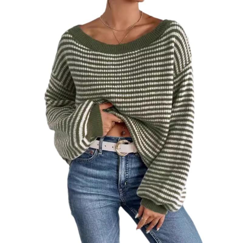 Dam Off Shoulder Randig Stickad Tröja Lös Casual Långärmad Pullover Topp