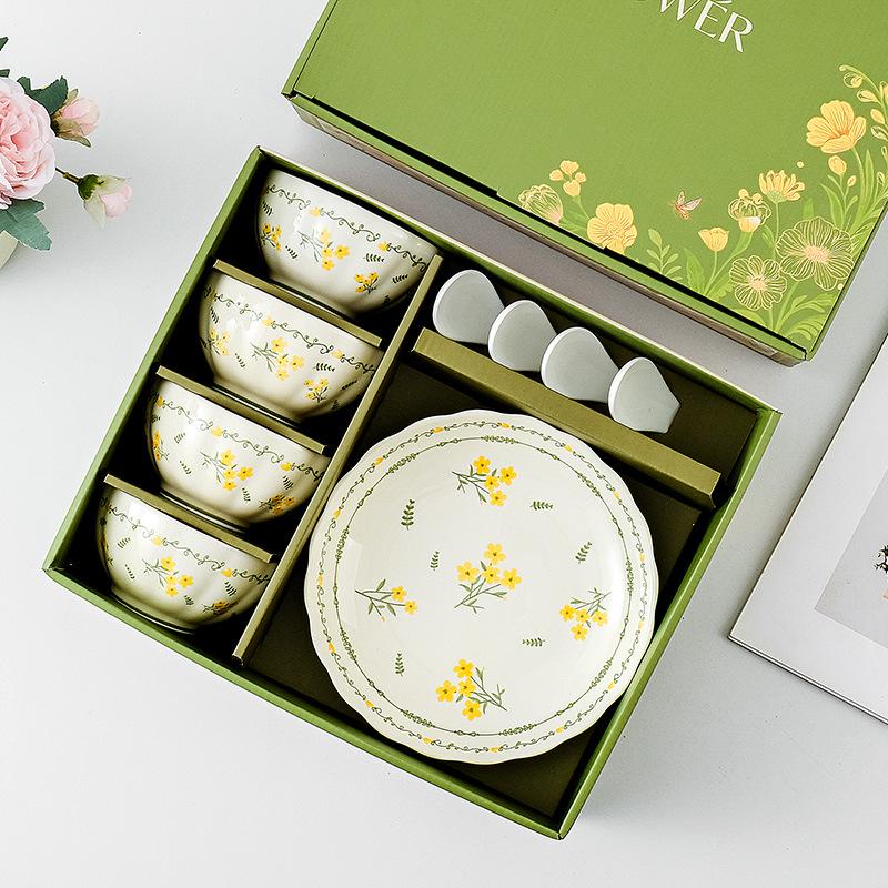 Ceramic Tableware Set with Bowls, Chopsticks & Spoons - Gift Box for Housewarming & Events