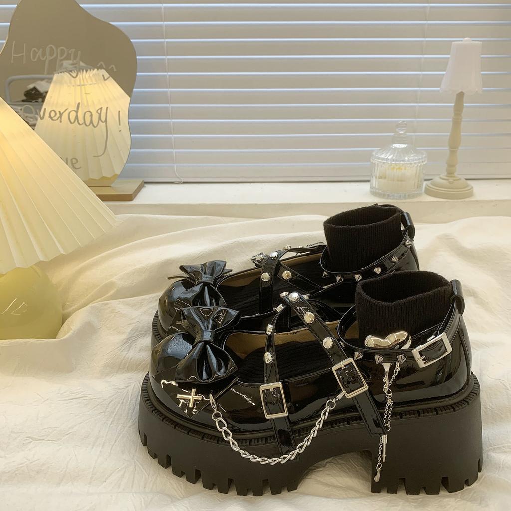 Fashion New Women's Shoes Ankle Straps Womens Pumps Platform Women Leather Bows Mary Jane Punk Gothic Chunky Heel Chaussures Femme