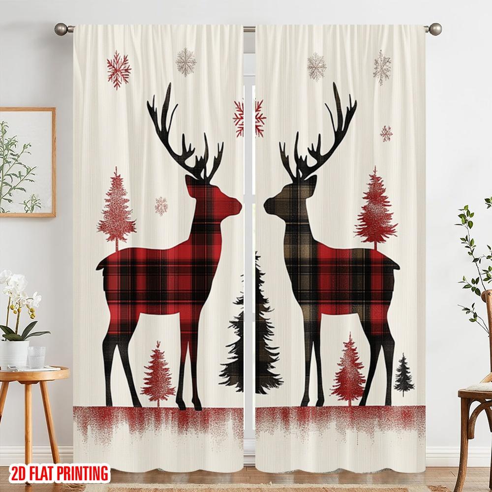 2pcs,2D Plane Printing Contemporary Curtains Buffalo Plaid Reindeer Snowflakes (4) Durable Polyester (without Rod) Holiday