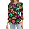 Women Halloween Printed Three Quarter Sleeve Crew Neck Loose Fit Casual Blouse T Shirt for Holiday Party Costume Top