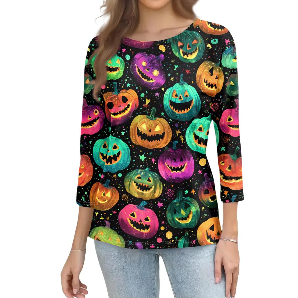 Women Halloween Printed Three Quarter Sleeve Crew Neck Loose Fit Casual Blouse T Shirt for Holiday Party Costume Top