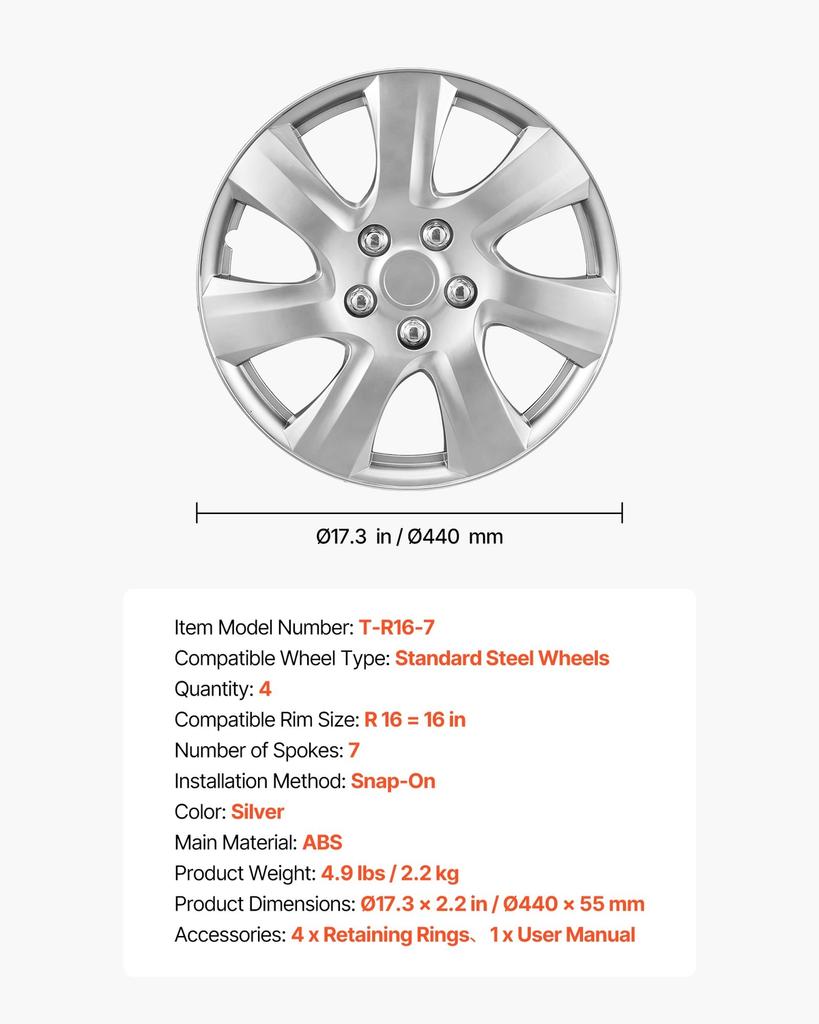 Hubcaps Wheel Covers, 16 Inch Set of 4 Wheel Rim Cover Hubcaps OEM Style Replacement, R16 Size Snap On Car Hub Caps, Universal 7-Spoke ABS Tire Rim
