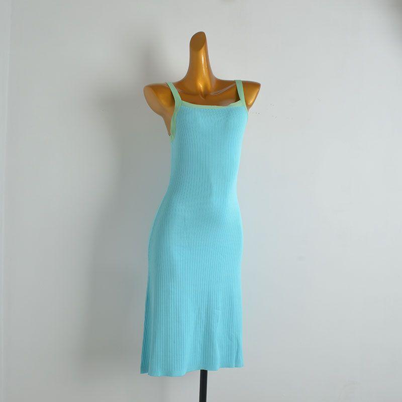 

Cabinet Contrast Color Camisole Knitting Dress Women s Clothing Summer Sexy Pure Desire Style Silm Slim Looking Bodycon Dress Sky Blue L
