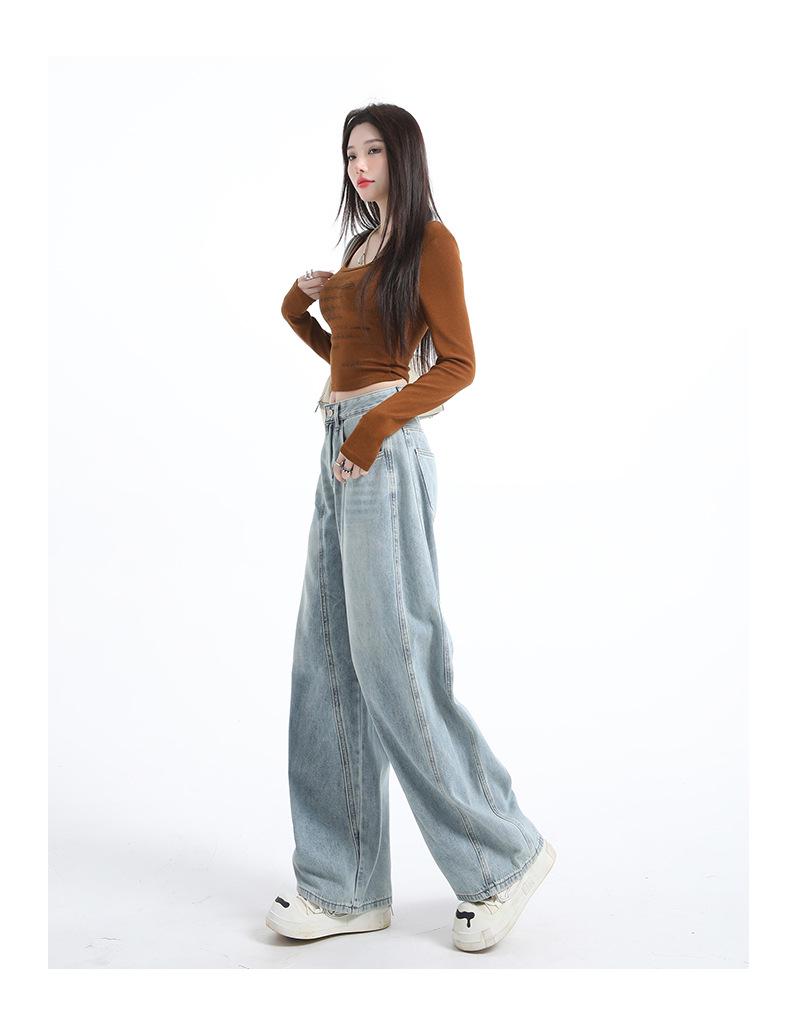 Women's 2025 Autumn/Winter High-Waisted Embroidery Wide-Leg Floor-Length Jeans
