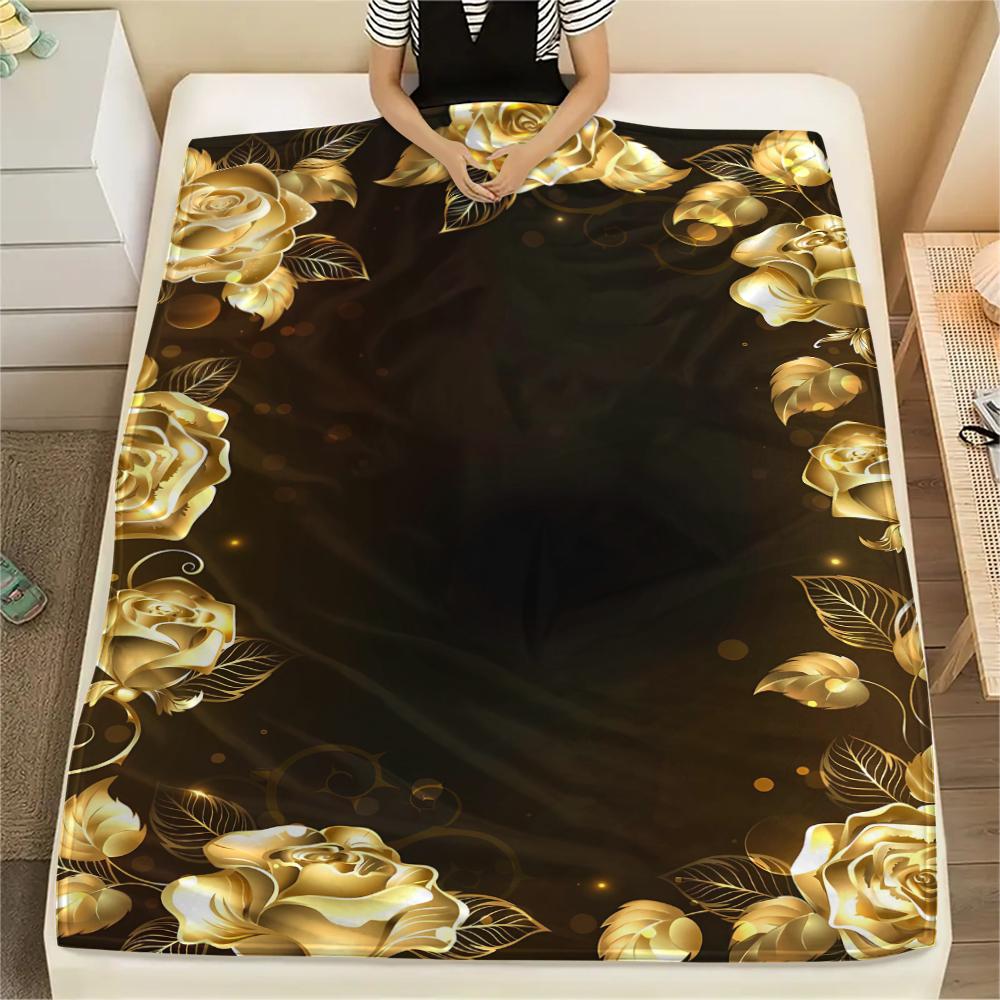1Pc Golden Flower Print Flannel Blanket, High Quality Comfortable for All Seasons, Home Decor, Warmth and Comfort, Perfect for Gifts