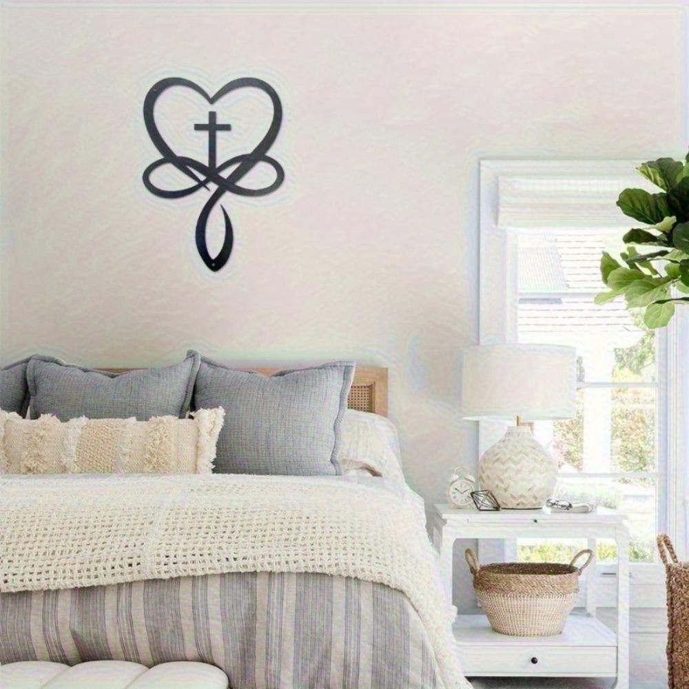 Iron Heart Cross Wall Art Black Metal Love Faith Sign Home Decor Unique Wedding Gift Couple Bedroom Living Room Inspirational Sculpture