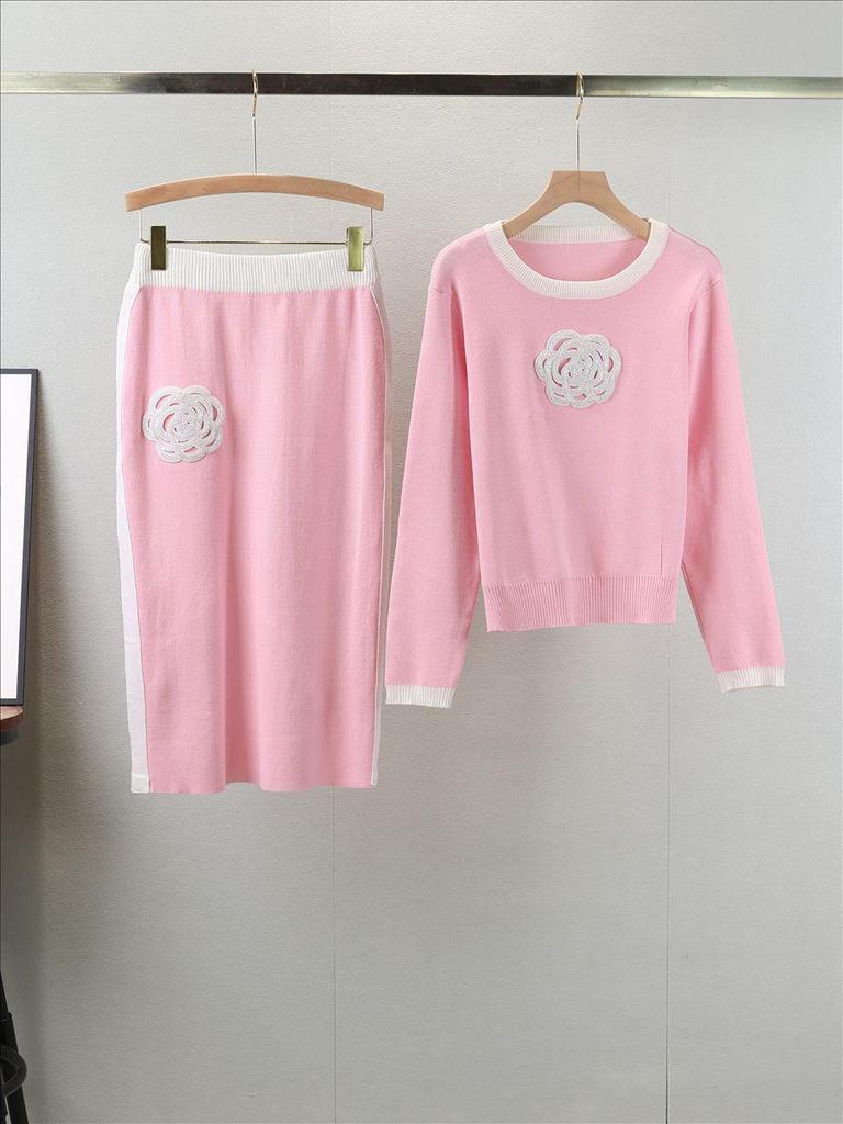 Damen Koreanisches Kamelien Strickwaren Set: Elegantes Rundhals-Oberteil & Bodycon-Rock Zweiteiler