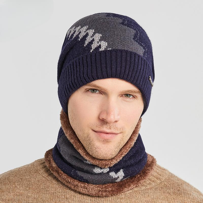 Autumn and Winter Knitted Hat Men's Fleece-lined Warm Scarf Set Sleeve Cap Colorblock All-Matching Woolen Cap