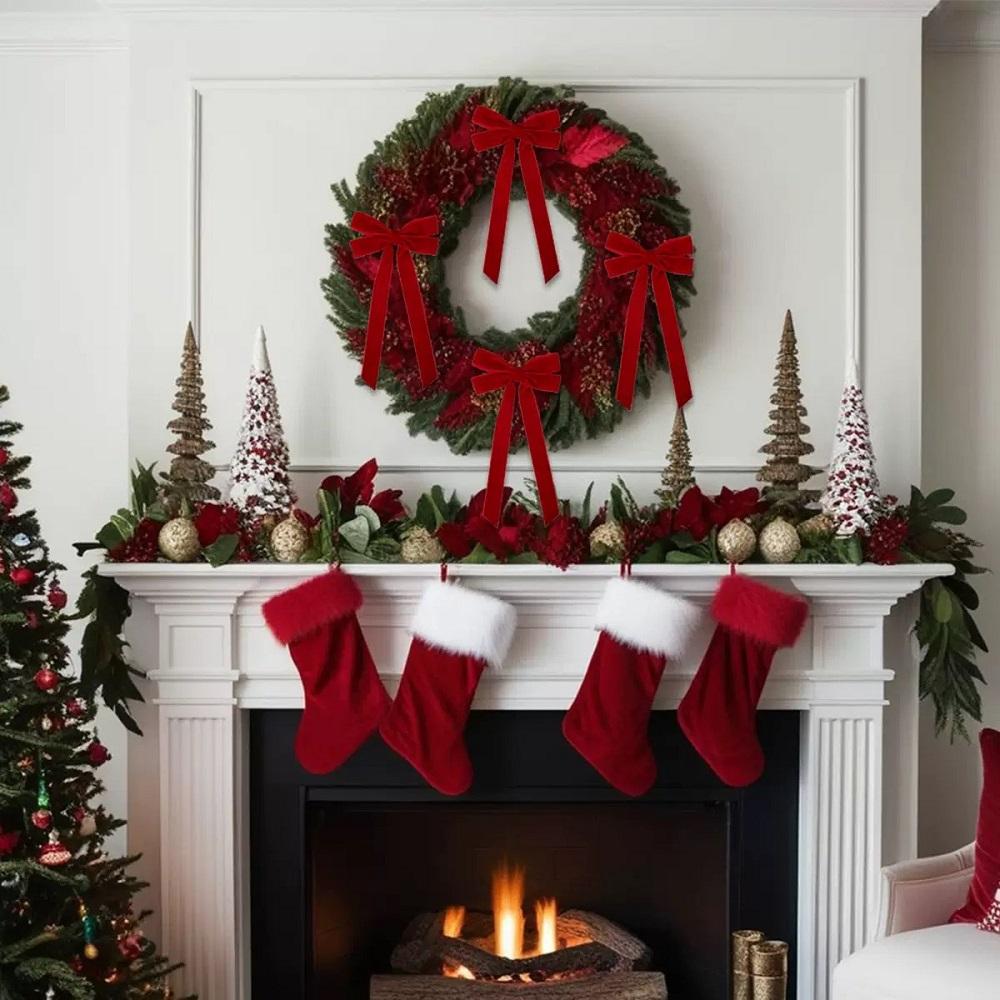 6PCS Velvet Christmas Bows Christmas Tree DIY Hanging Ornaments Ribbon Bow Gift Wrapping Bows Chrismtas Party Gifts