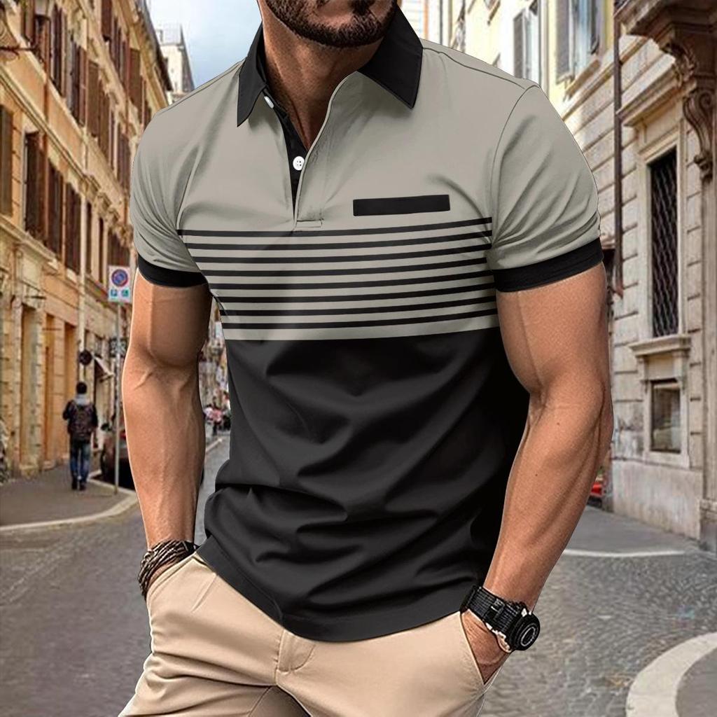 Men's Casual Striped Color Block Polo Shirt with Chest Pocket and Turn-Down Collar