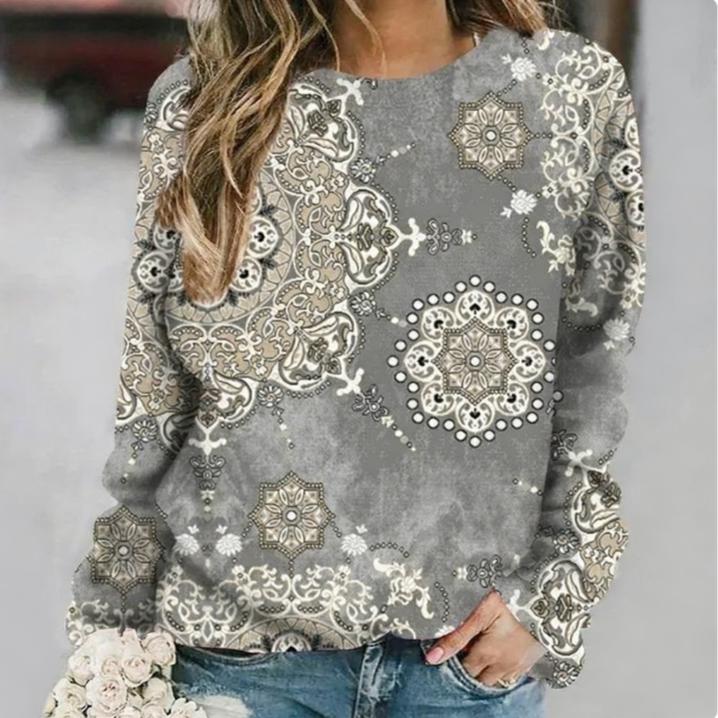 

Vintage Geometric Print Women s T-shirts Colorful Ethnic Style Flowers Long Sleeve T-shirts Autumn Daily Casual Top 5XL