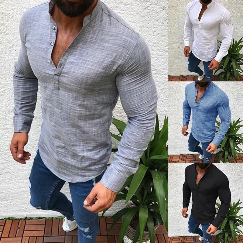 Mens V Neck Cotton Linen Hippie Shirts Long Sleeve Casual Henley T ...