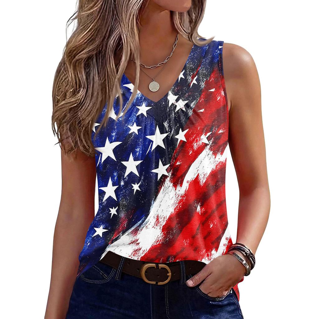 V-Neck Tank Top Women Print Tank Tee Casual Loose Fit Sleeveless Shirt