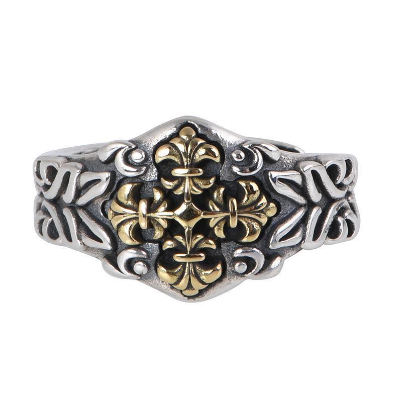 Adjustable Open Ring Men Women Vintage Cross Flower Design Retro Geometric Finger Plated