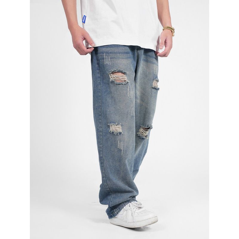 Wassup Ripped Jeans for Men, Summer Thin Style, American High Street Vintage Straight-Leg Long Pants, Versatile Trendy Brand