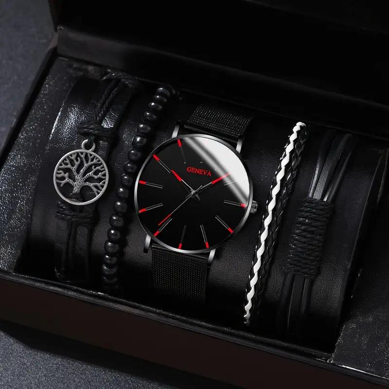 Men's Canvas Quartz Watch & PU Bracelet Set with Single Calendar & Faux Three-Eye Design