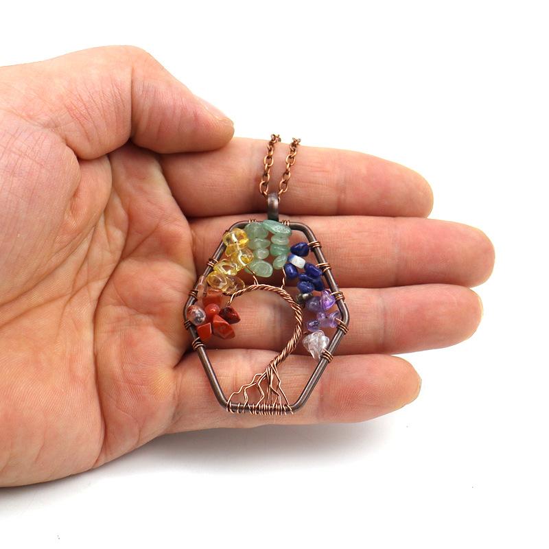 Vintage Handmade Hexagonal Bending Tree Of Life Necklace Gravel Crystal Necklace N16