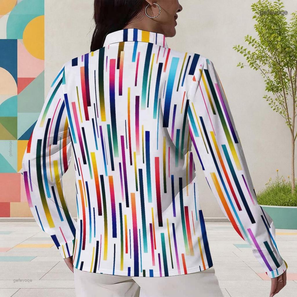 Women Plus Size Long Sleeve Collared Button Front Colorful Striped Print Shirt